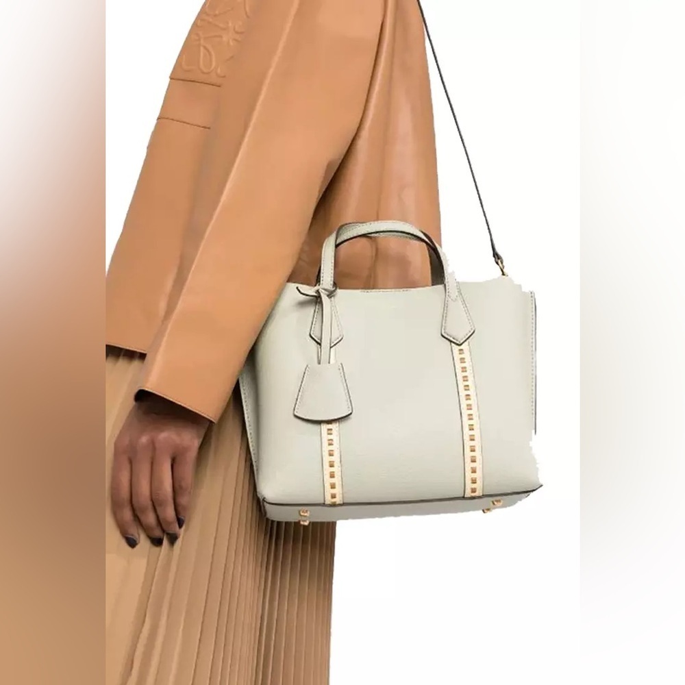 Tory Burch Perry Small Pick-Stitch Triple Compartment Tote Bag Pine Frost $428